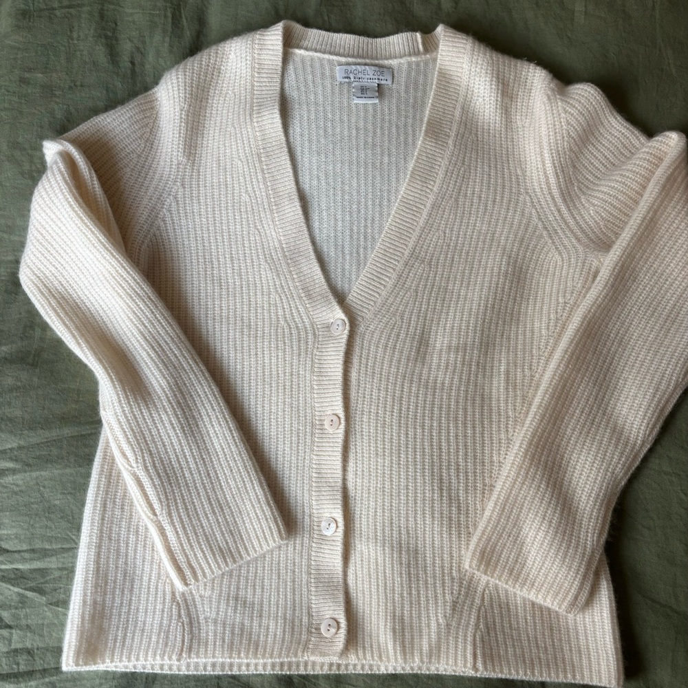 Rachel Zoe Cream Ribbed V-Neck Cardigan